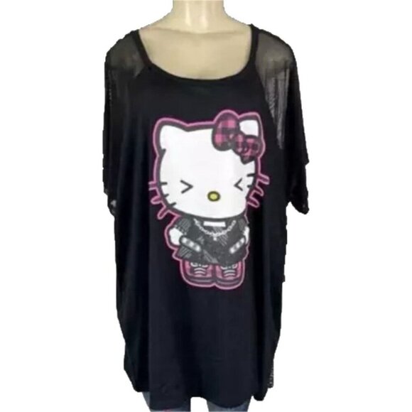 Hello Kitty +3 Black Crew Full-Body Kitty Graphic Mesh Sheer Short Sleeve Top - Picture 2 of 6